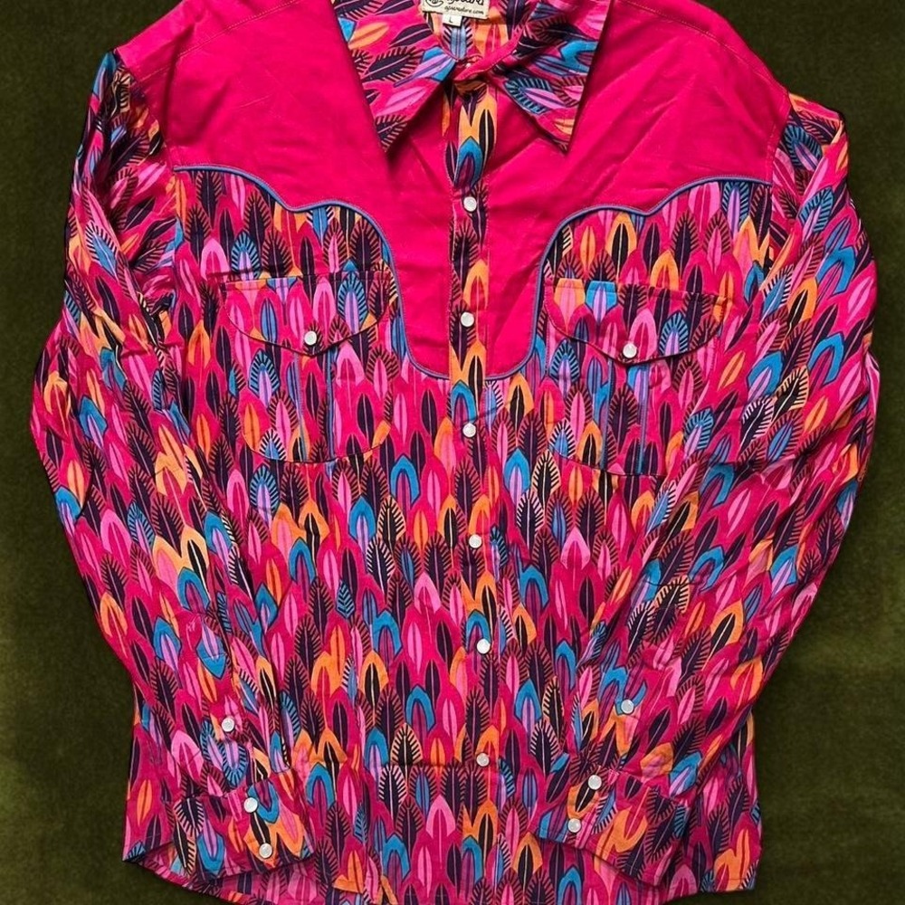 Vibrant Pink Feather Western Snap Shirt Modern Large VTG 90s